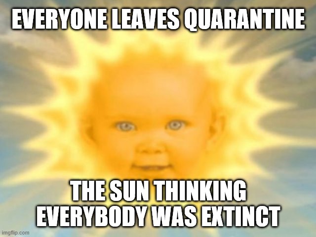 EVERYONE LEAVES QUARANTINE; THE SUN THINKING EVERYBODY WAS EXTINCT | image tagged in covid-19 | made w/ Imgflip meme maker