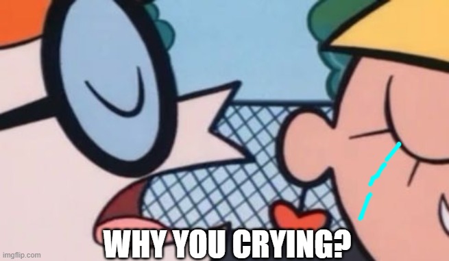 It's uh...idk....I'ma see if this meme ever gets upvotes cause....IDK | WHY YOU CRYING? | image tagged in dexter's accent,why did i make this,oh hell no,welp,oh wow are you actually reading these tags | made w/ Imgflip meme maker