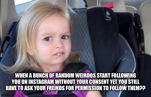 Side Eyeing Chloe | WHEN A BUNCH OF RANDOM WEIRDOS START FOLLOWING YOU ON INSTAGRAM WITHOUT YOUR CONSENT YET YOU STILL HAVE TO ASK YOUR FREINDS FOR PERMISSION TO FOLLOW THEM?? | image tagged in side eyeing chloe | made w/ Imgflip meme maker