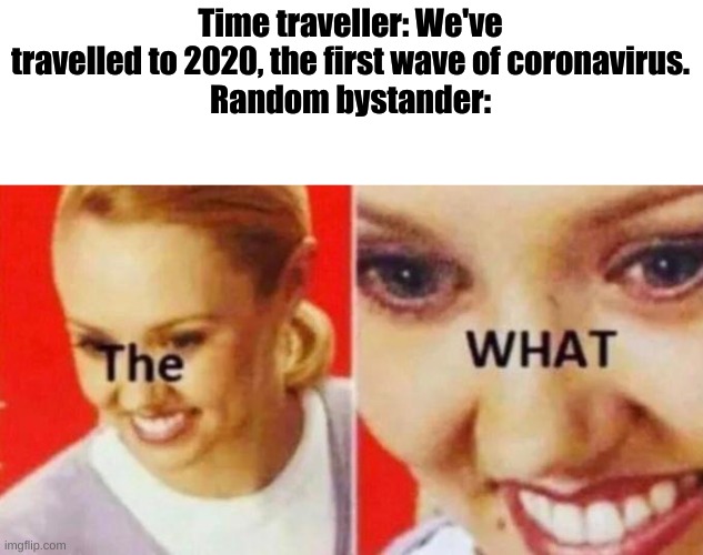 Wave 1 of coronavirus | Time traveller: We've travelled to 2020, the first wave of coronavirus.
Random bystander: | image tagged in the what | made w/ Imgflip meme maker