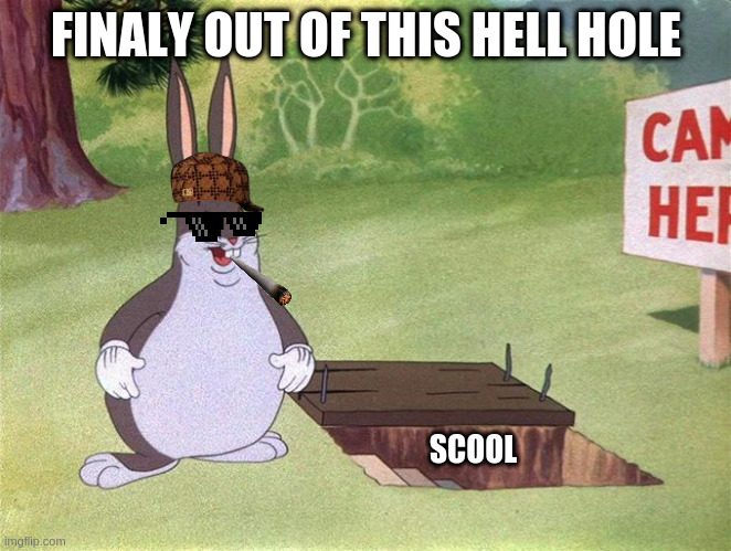 Big Chungus | FINALY OUT OF THIS HELL HOLE; SCOOL | image tagged in big chungus | made w/ Imgflip meme maker