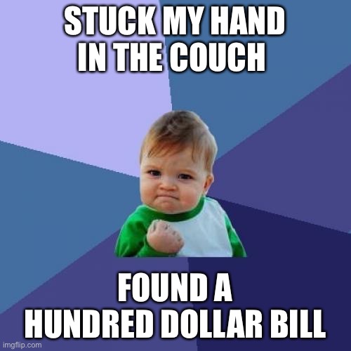 Success Kid Meme | STUCK MY HAND IN THE COUCH; FOUND A HUNDRED DOLLAR BILL | image tagged in memes,success kid | made w/ Imgflip meme maker