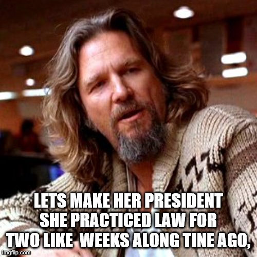Confused Lebowski Meme | LETS MAKE HER PRESIDENT SHE PRACTICED LAW FOR TWO LIKE  WEEKS ALONG TINE AGO, | image tagged in memes,confused lebowski | made w/ Imgflip meme maker