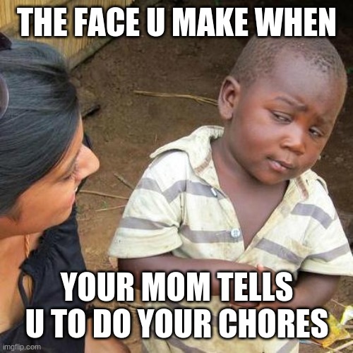 funneh | THE FACE U MAKE WHEN; YOUR MOM TELLS U TO DO YOUR CHORES | image tagged in memes,third world skeptical kid | made w/ Imgflip meme maker