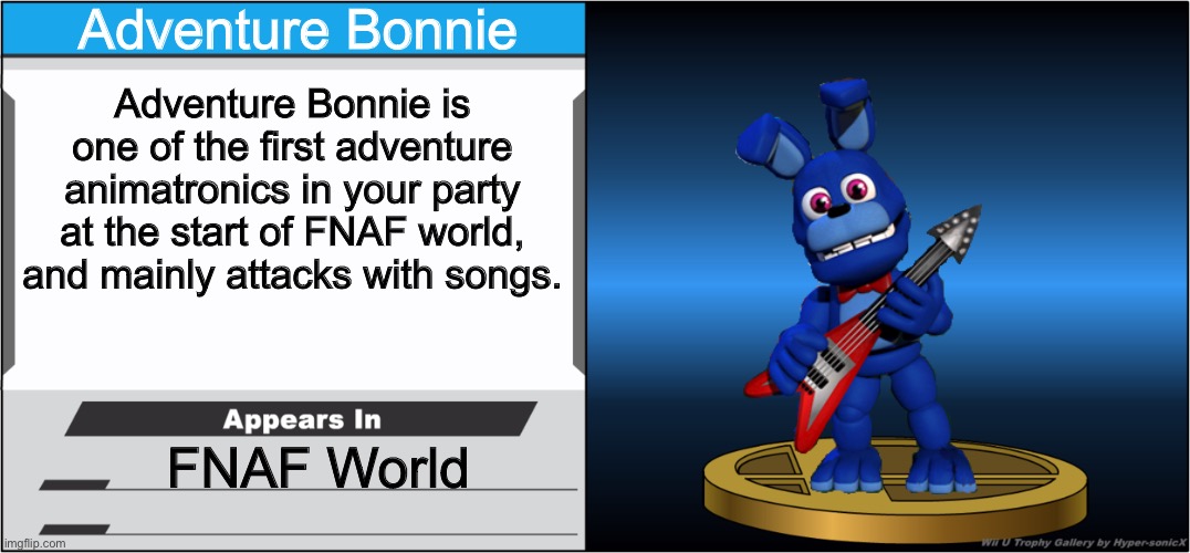 Smash Bros Trophy | Adventure Bonnie; Adventure Bonnie is one of the first adventure animatronics in your party at the start of FNAF world, and mainly attacks with songs. FNAF World | image tagged in smash bros trophy | made w/ Imgflip meme maker