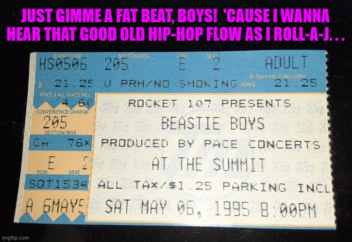 25th Anniversary of the 'Ill Communication' Tour - Live in the H | JUST GIMME A FAT BEAT, BOYS!  'CAUSE I WANNA HEAR THAT GOOD OLD HIP-HOP FLOW AS I ROLL-A-J. . . | image tagged in beastie boys | made w/ Imgflip meme maker
