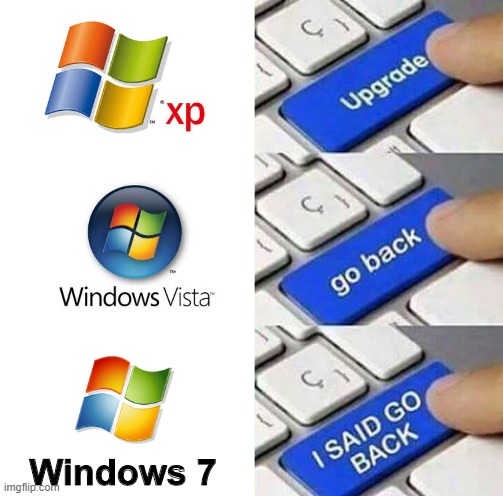 xp - vista - 7. xp still rules | Windows 7 | image tagged in i said go back,windows xp,windows 7,windows vista | made w/ Imgflip meme maker