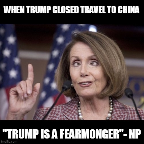 Nancy pelosi | WHEN TRUMP CLOSED TRAVEL TO CHINA "TRUMP IS A FEARMONGER"- NP | image tagged in nancy pelosi | made w/ Imgflip meme maker