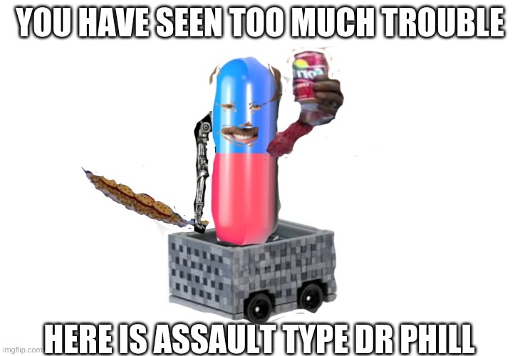 Assault type dr phill | YOU HAVE SEEN TOO MUCH TROUBLE; HERE IS ASSAULT TYPE DR PHILL | image tagged in assault,dr phil,too much,photoshop | made w/ Imgflip meme maker