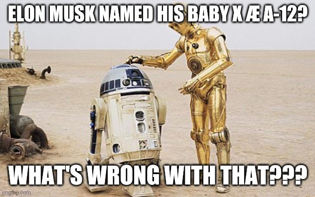 R2D2 & C3PO | ELON MUSK NAMED HIS BABY X Æ A-12? WHAT'S WRONG WITH THAT??? | image tagged in r2d2  c3po | made w/ Imgflip meme maker