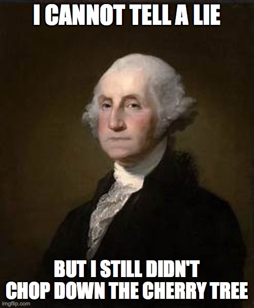 I can't tell a lie | I CANNOT TELL A LIE; BUT I STILL DIDN'T CHOP DOWN THE CHERRY TREE | image tagged in george washington | made w/ Imgflip meme maker