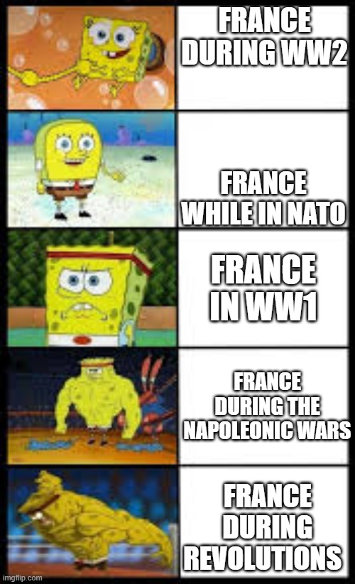 spongebob | FRANCE DURING WW2; FRANCE WHILE IN NATO; FRANCE IN WW1; FRANCE DURING THE NAPOLEONIC WARS; FRANCE DURING REVOLUTIONS | image tagged in spongebob | made w/ Imgflip meme maker