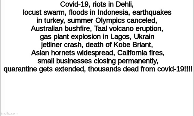 2020 is a SUPER FUN YEAR!!! What can I add NEXT. Comment Below... | Covid-19, riots in Dehli, locust swarm, floods in Indonesia, earthquakes in turkey, summer Olympics canceled, Australian bushfire, Taal volcano eruption, gas plant explosion in Lagos, Ukrain jetliner crash, death of Kobe Briant,
 Asian hornets widespread, California fires,
 small businesses closing permanently,
 quarantine gets extended, thousands dead from covid-19!!!! | image tagged in white background,memes | made w/ Imgflip meme maker