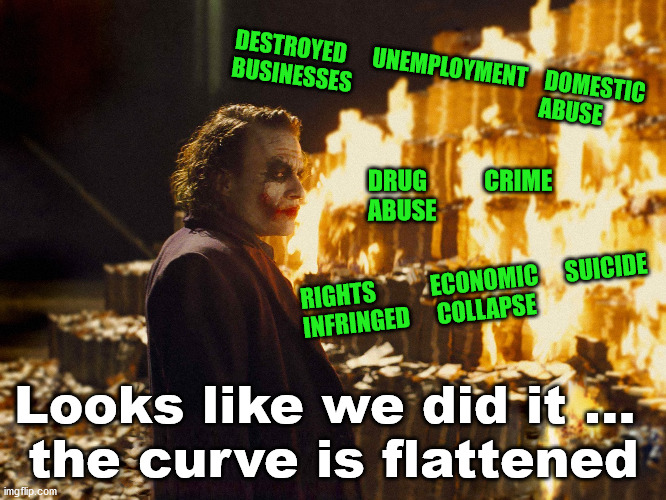 The jokers in Washington claims success, but at the cost of more lives. | DESTROYED      UNEMPLOYMENT    DOMESTIC
BUSINESSES                                           ABUSE; DRUG            CRIME
ABUSE; RIGHTS            ECONOMIC      SUICIDE
INFRINGED      COLLAPSE; Looks like we did it ... 
the curve is flattened | image tagged in joker burning money,quarantine,covidiots,corona virus,modern problems require modern solutions | made w/ Imgflip meme maker
