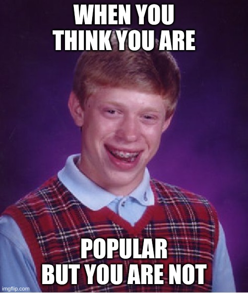 When you think you are popular but you are not | WHEN YOU THINK YOU ARE; POPULAR BUT YOU ARE NOT | image tagged in memes,bad luck brian | made w/ Imgflip meme maker