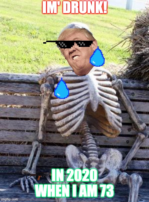 Donald skeleton | IM' DRUNK! IN 2020 WHEN I AM 73 | image tagged in memes,waiting skeleton | made w/ Imgflip meme maker