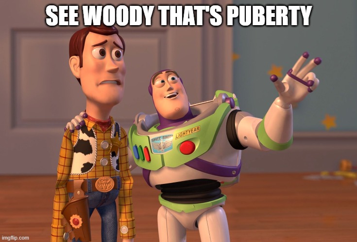 X, X Everywhere | SEE WOODY THAT'S PUBERTY | image tagged in memes,x x everywhere | made w/ Imgflip meme maker