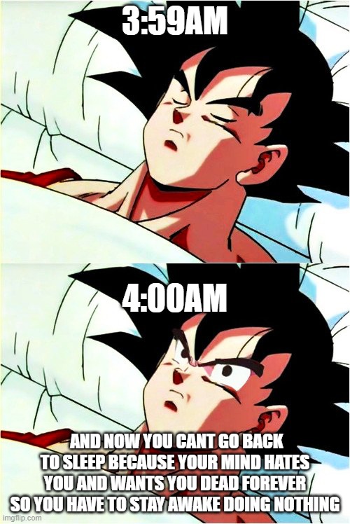 goku sleeping wake up | 3:59AM; 4:00AM; AND NOW YOU CANT GO BACK TO SLEEP BECAUSE YOUR MIND HATES YOU AND WANTS YOU DEAD FOREVER SO YOU HAVE TO STAY AWAKE DOING NOTHING | image tagged in goku sleeping wake up | made w/ Imgflip meme maker