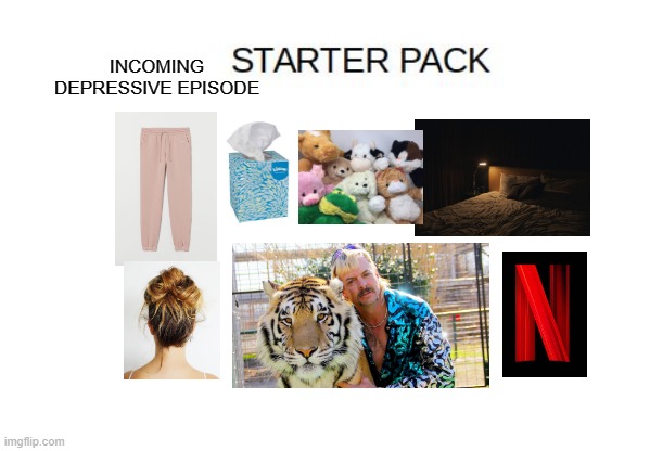 A Starter Pack | INCOMING DEPRESSIVE EPISODE | image tagged in blank starter pack meme | made w/ Imgflip meme maker