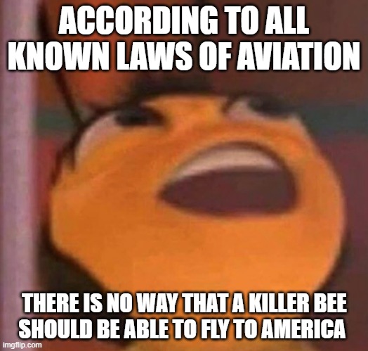 Bee Movie |  ACCORDING TO ALL KNOWN LAWS OF AVIATION; THERE IS NO WAY THAT A KILLER BEE    SHOULD BE ABLE TO FLY TO AMERICA | image tagged in bee movie | made w/ Imgflip meme maker