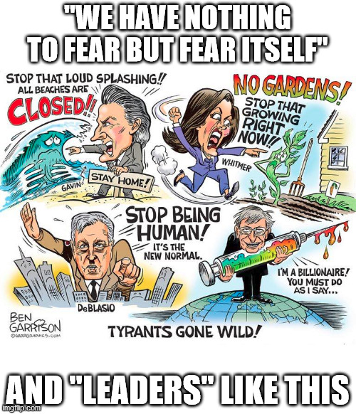 "WE HAVE NOTHING TO FEAR BUT FEAR ITSELF"; AND "LEADERS" LIKE THIS | image tagged in whitmer,bill gates,deblasio,newsome,tyranny,lockdown | made w/ Imgflip meme maker