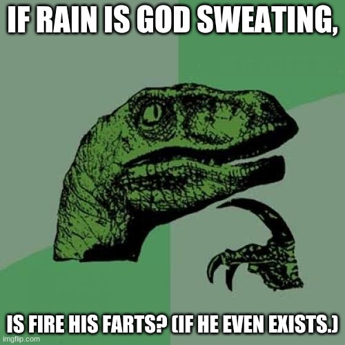 Philosoraptor Meme | IF RAIN IS GOD SWEATING, IS FIRE HIS FARTS? (IF HE EVEN EXISTS.) | image tagged in memes,philosoraptor | made w/ Imgflip meme maker