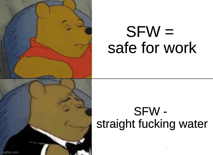 rp anyone? i have a paddlet :,) | SFW = 
safe for work; SFW - 
straight fucking water | image tagged in memes,tuxedo winnie the pooh | made w/ Imgflip meme maker
