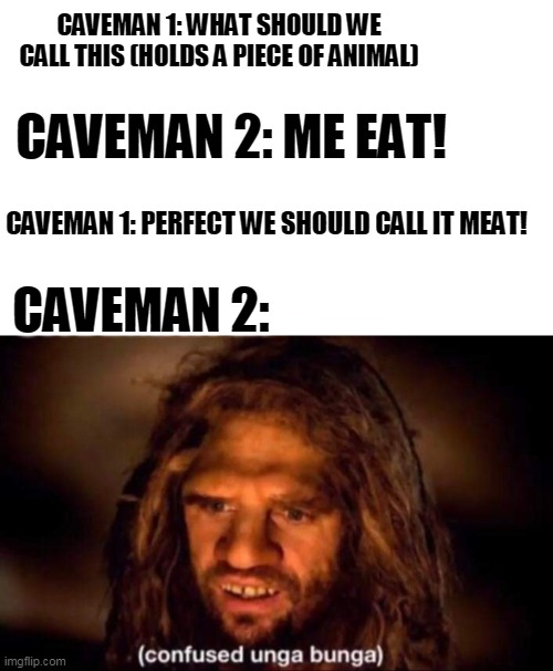 Confused Unga Bunga | CAVEMAN 1: WHAT SHOULD WE CALL THIS (HOLDS A PIECE OF ANIMAL); CAVEMAN 2: ME EAT! CAVEMAN 1: PERFECT WE SHOULD CALL IT MEAT! CAVEMAN 2: | image tagged in confused unga bunga | made w/ Imgflip meme maker