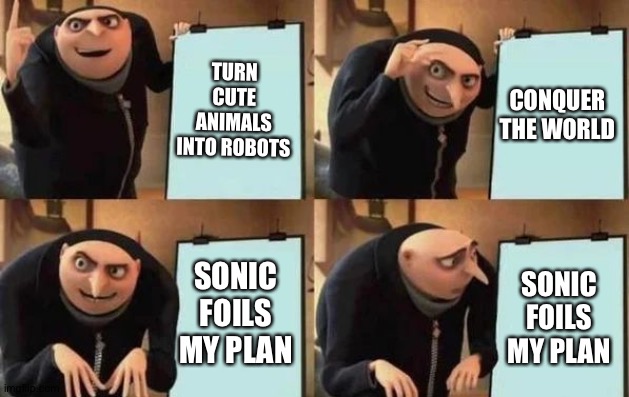 Gru's Plan Meme | TURN CUTE ANIMALS INTO ROBOTS; CONQUER THE WORLD; SONIC FOILS MY PLAN; SONIC FOILS MY PLAN | image tagged in gru's plan | made w/ Imgflip meme maker