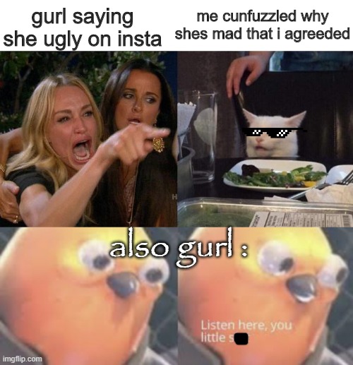 gurl saying she ugly on insta; me cunfuzzled why shes mad that i agreeded; also gurl : | image tagged in memes,woman yelling at cat,listen here you little shit bird | made w/ Imgflip meme maker