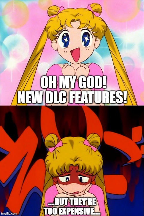 Usagi Party with titles | OH MY GOD! NEW DLC FEATURES! ....BUT THEY'RE TOO EXPENSIVE.... | image tagged in funny,sailor moon | made w/ Imgflip meme maker