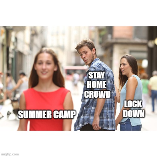 Summer Camp |  STAY 
HOME 
CROWD

                                               LOCK 
                                               DOWN; SUMMER CAMP | image tagged in disloyal boyfriend | made w/ Imgflip meme maker