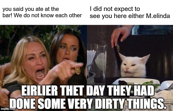 dirty times | you said you ate at the bar! We do not know each other; I did not expect to see you here either M.elinda; EIRLIER THET DAY THEY HAD DONE SOME VERY DIRTY THINGS. | image tagged in memes,woman yelling at cat | made w/ Imgflip meme maker
