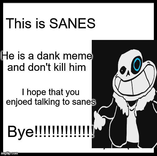 This is sanes | This is SANES; He is a dank meme and don't kill him; I hope that you enjoed talking to sanes; Bye!!!!!!!!!!!!!! | image tagged in dank meme,talking | made w/ Imgflip meme maker