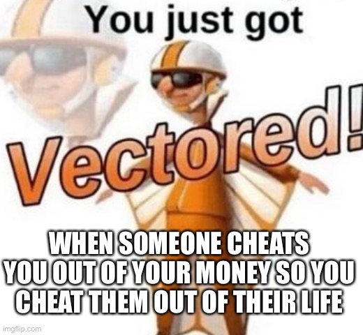 Vectored | WHEN SOMEONE CHEATS YOU OUT OF YOUR MONEY SO YOU CHEAT THEM OUT OF THEIR LIFE | image tagged in you just got vectored | made w/ Imgflip meme maker