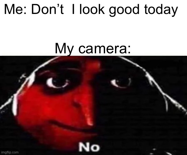 Cameras be all like | Me: Don’t  I look good today; My camera: | image tagged in gru no,camera | made w/ Imgflip meme maker