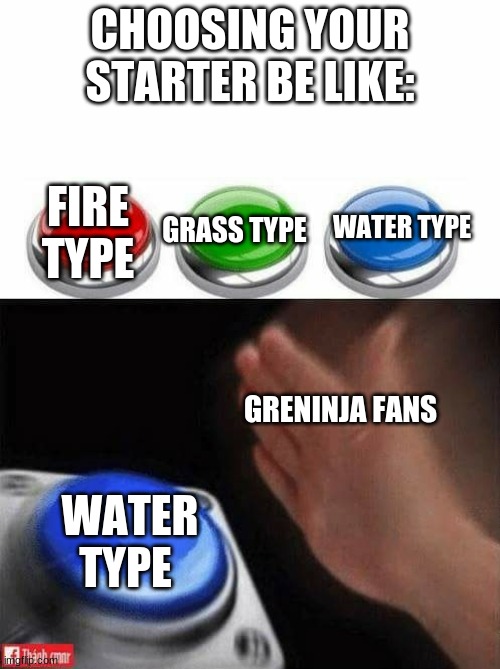 Three Buttons | CHOOSING YOUR STARTER BE LIKE:; FIRE TYPE; WATER TYPE; GRASS TYPE; GRENINJA FANS; WATER TYPE | image tagged in three buttons | made w/ Imgflip meme maker