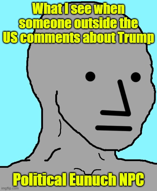 Political Eunuch NPC | What I see when someone outside the US comments about Trump; Political Eunuch NPC | image tagged in memes,npc,trump | made w/ Imgflip meme maker