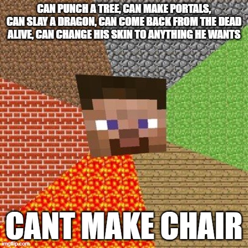 cant make chair | CAN PUNCH A TREE, CAN MAKE PORTALS, CAN SLAY A DRAGON, CAN COME BACK FROM THE DEAD ALIVE, CAN CHANGE HIS SKIN TO ANYTHING HE WANTS; CANT MAKE CHAIR | image tagged in minecraft steve | made w/ Imgflip meme maker