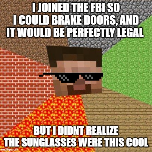 sunglasses | I JOINED THE FBI SO I COULD BRAKE DOORS, AND IT WOULD BE PERFECTLY LEGAL; BUT I DIDNT REALIZE THE SUNGLASSES WERE THIS COOL | image tagged in minecraft steve | made w/ Imgflip meme maker