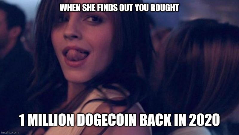 DOGECOIN Watson | WHEN SHE FINDS OUT YOU BOUGHT; 1 MILLION DOGECOIN BACK IN 2020 | image tagged in dogecoin,crypto,currency,bitcoin | made w/ Imgflip meme maker
