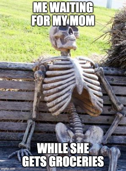 Waiting Skeleton | ME WAITING FOR MY MOM; WHILE SHE GETS GROCERIES | image tagged in memes,waiting skeleton | made w/ Imgflip meme maker