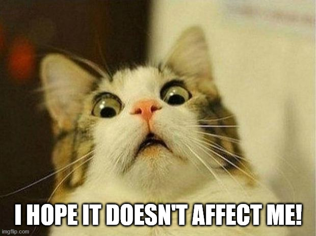 Scared Cat Meme | I HOPE IT DOESN'T AFFECT ME! | image tagged in memes,scared cat | made w/ Imgflip meme maker