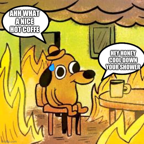 Dog in burning house | AHH WHAT A NICE HOT COFFE; HEY HONEY COOL DOWN YOUR SHOWER | image tagged in dog in burning house,honey tell me what's wrong | made w/ Imgflip meme maker