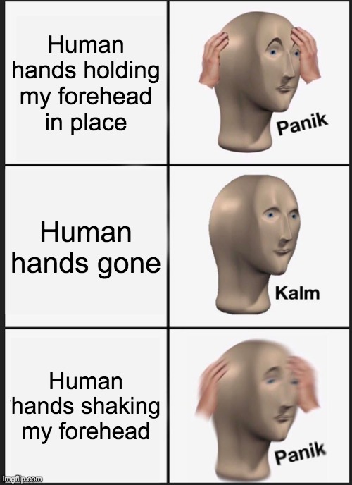 Panik Kalm Panik Meme | Human hands holding my forehead in place; Human hands gone; Human hands shaking my forehead | image tagged in memes,panik kalm panik | made w/ Imgflip meme maker