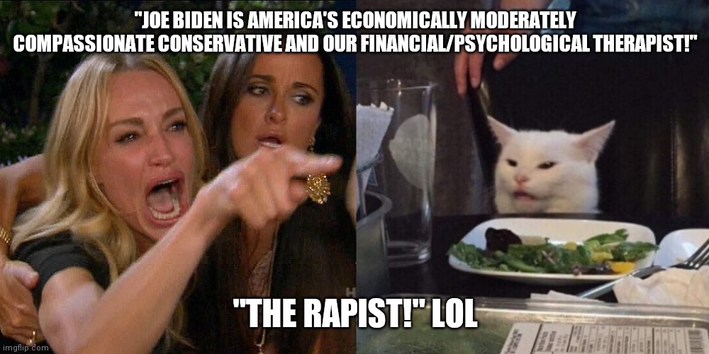 Therapist or The Rapist? | "JOE BIDEN IS AMERICA'S ECONOMICALLY MODERATELY COMPASSIONATE CONSERVATIVE AND OUR FINANCIAL/PSYCHOLOGICAL THERAPIST!"; "THE RAPIST!" LOL | image tagged in woman yelling at cat,joe biden,therapist,aint nobody got time for that,dementia | made w/ Imgflip meme maker