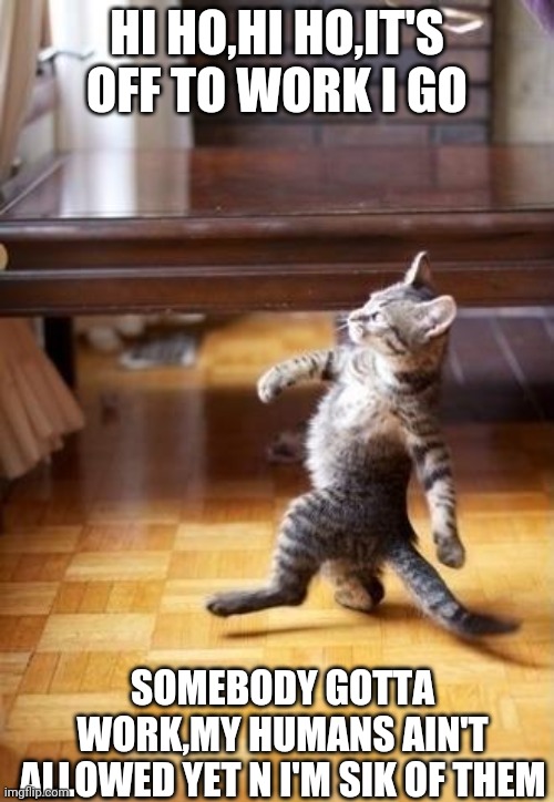 Cool Cat Stroll | HI HO,HI HO,IT'S OFF TO WORK I GO; SOMEBODY GOTTA WORK,MY HUMANS AIN'T ALLOWED YET N I'M SIK OF THEM | image tagged in memes,cool cat stroll | made w/ Imgflip meme maker