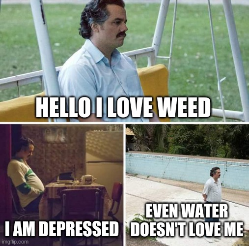 Sad Pablo Escobar | HELLO I LOVE WEED; I AM DEPRESSED; EVEN WATER DOESN'T LOVE ME | image tagged in memes,sad pablo escobar | made w/ Imgflip meme maker