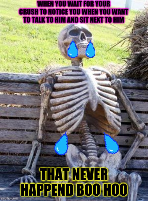 Waiting Skeleton | WHEN YOU WAIT FOR YOUR CRUSH TO NOTICE YOU WHEN YOU WANT TO TALK TO HIM AND SIT NEXT TO HIM; THAT NEVER HAPPEND BOO HOO | image tagged in memes,waiting skeleton | made w/ Imgflip meme maker