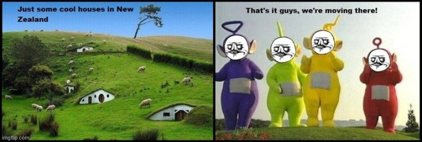 Just some cool houses in New Zeland | image tagged in new zealand,teletubbies | made w/ Imgflip meme maker